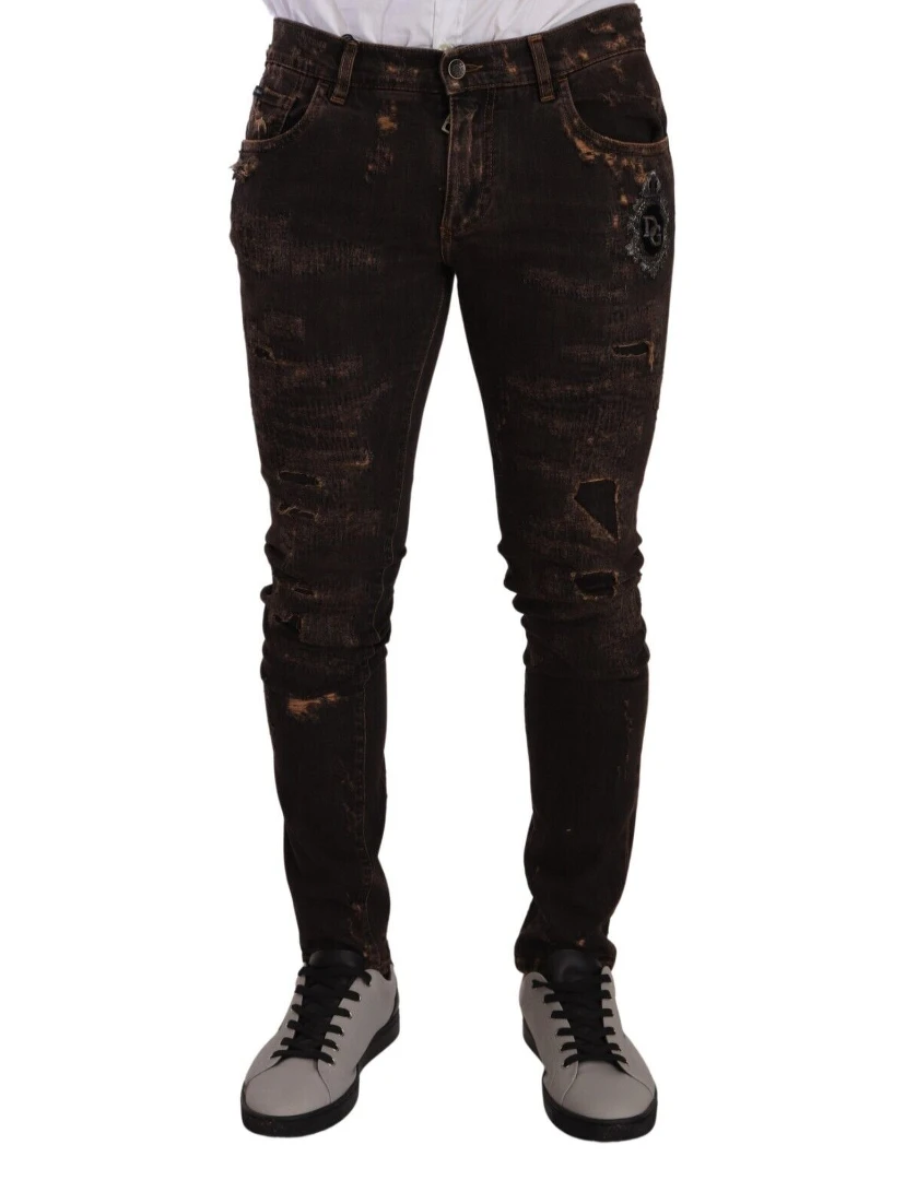 Brown Distressed Slim Fit Skinny Denim Jeans