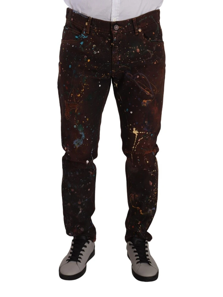 Brown Splash Color Cotton Regular Denim Jeans