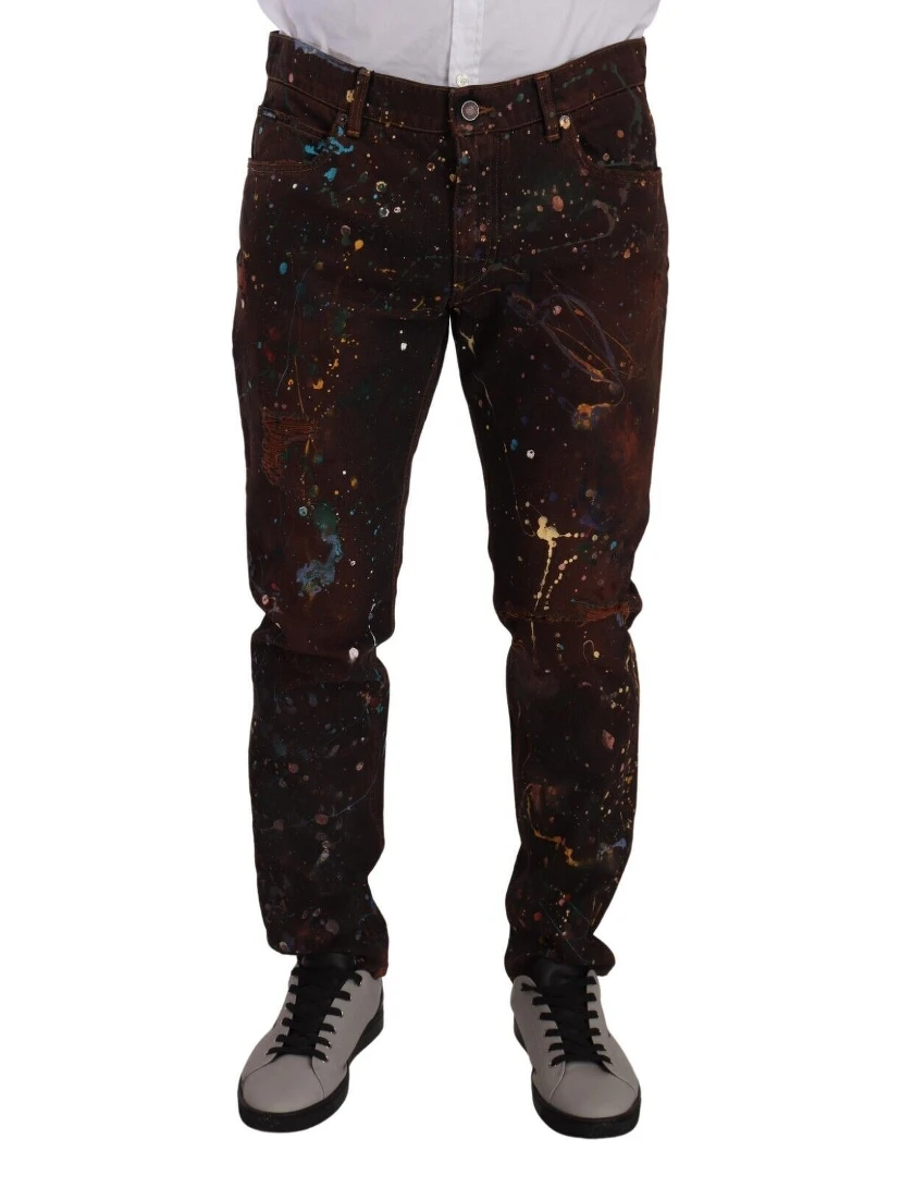 Brown Splash Color Cotton Regular Denim Jeans