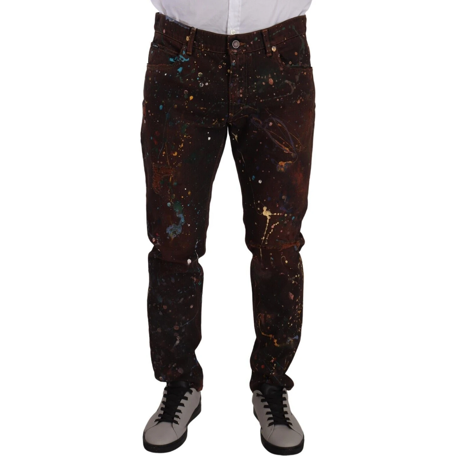 Brown Splash Color Cotton Regular Denim Jeans