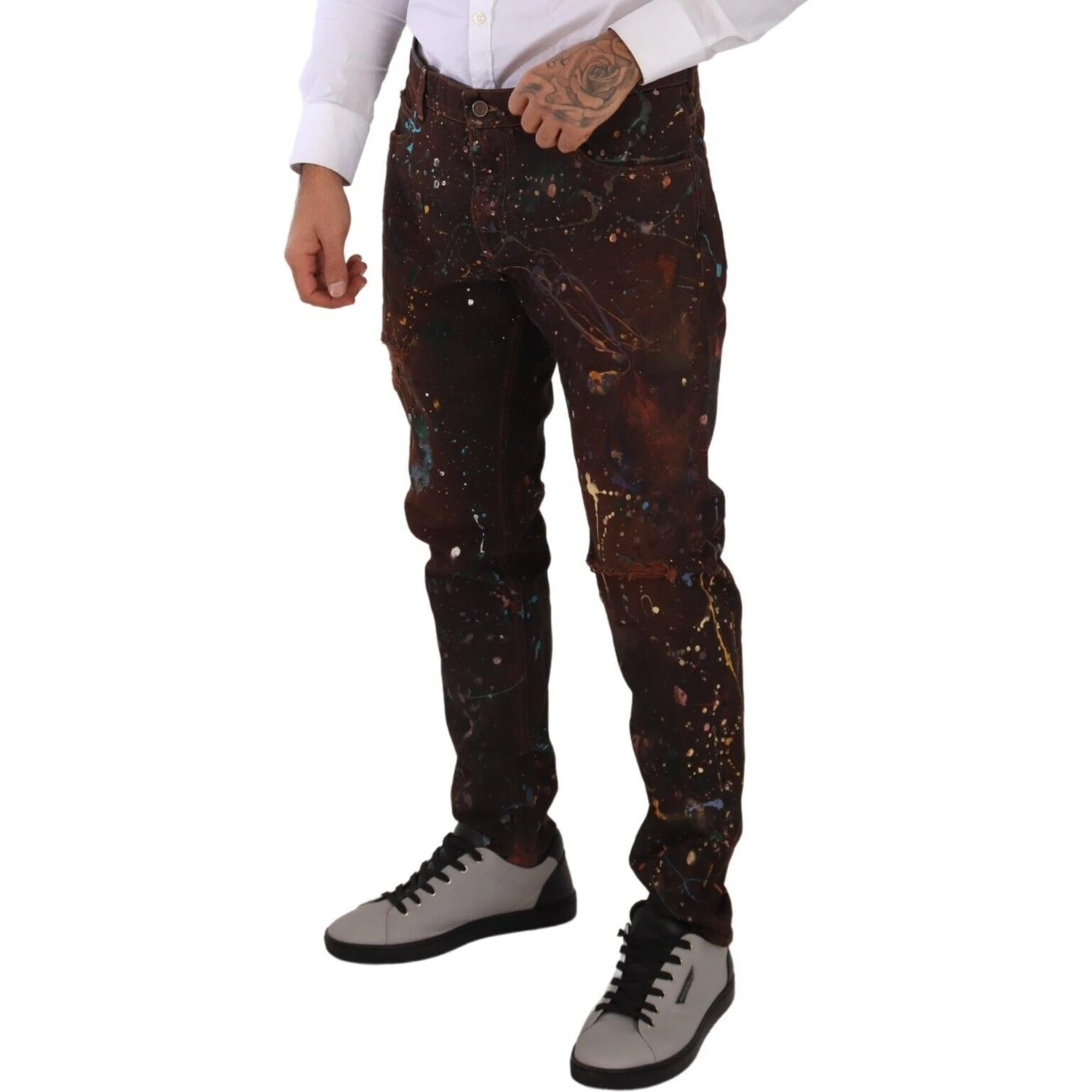 Brown Splash Color Cotton Regular Denim Jeans