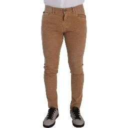 Brown Corduroy Cotton Skinny Slim Fit Jeans