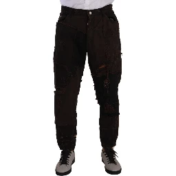 Brown Cotton Distressed Regular Denim Jeans