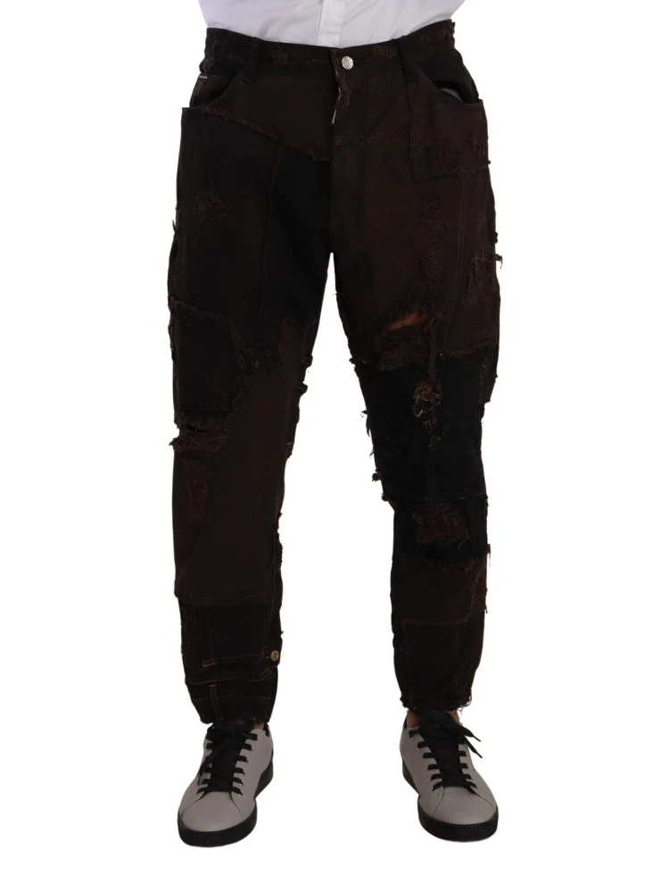 Brown Cotton Distressed Regular Denim Jeans