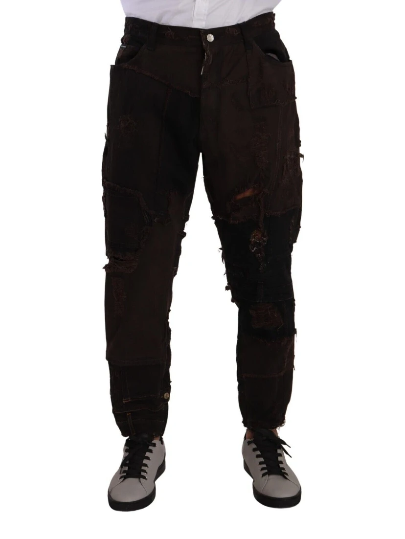 Brown Cotton Distressed Regular Denim Jeans