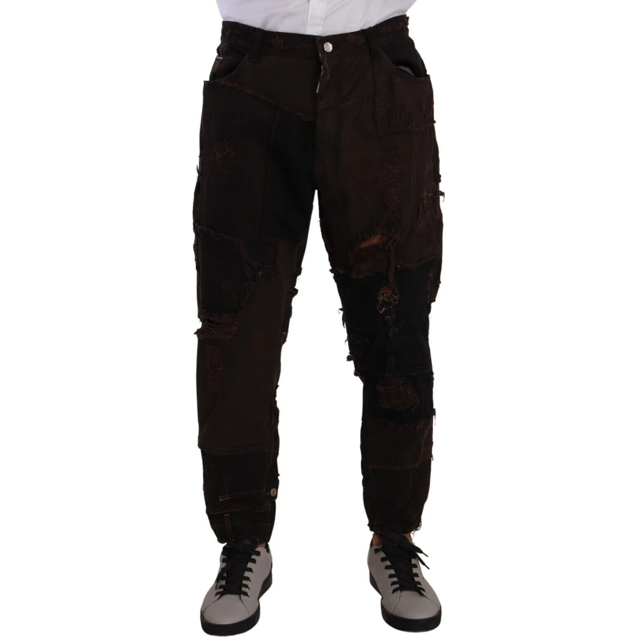 Brown Cotton Distressed Regular Denim Jeans