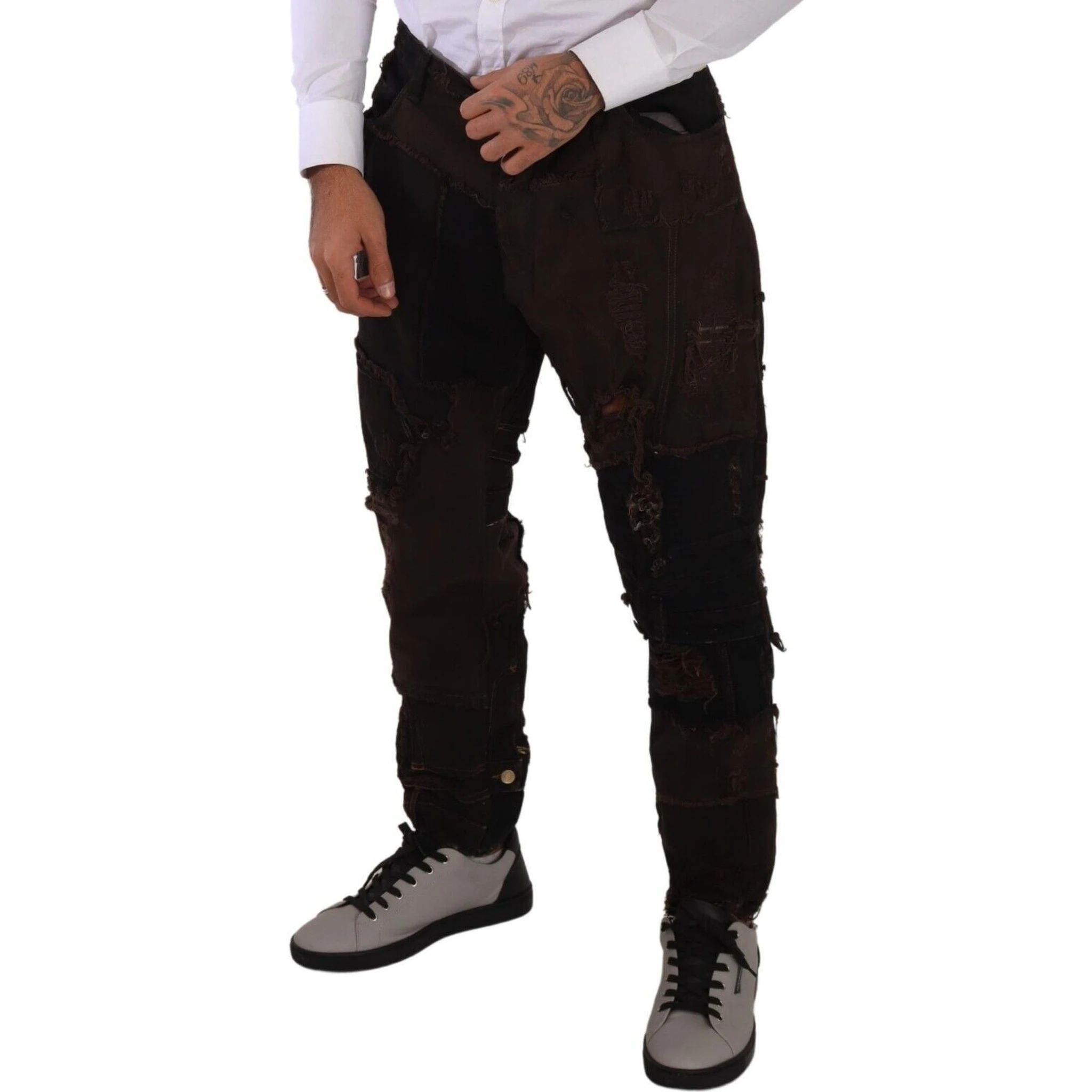 Brown Cotton Distressed Regular Denim Jeans
