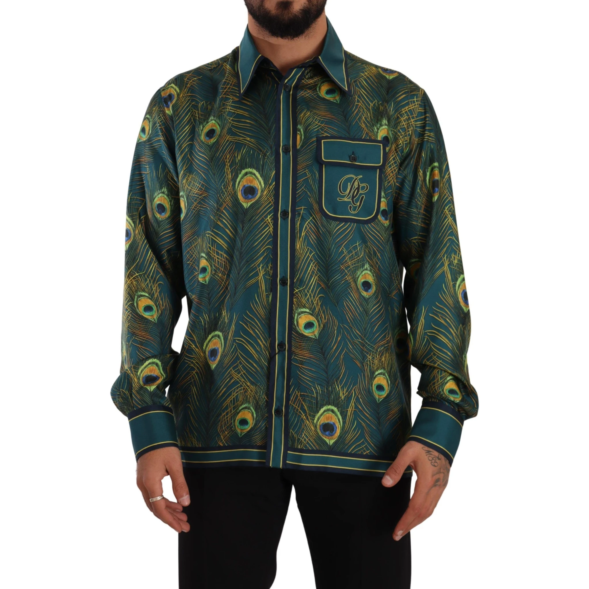 Peacock Feather Print Silk Pajama Mens Shirt
