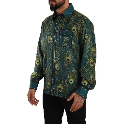 Peacock Feather Print Silk Pajama Mens Shirt