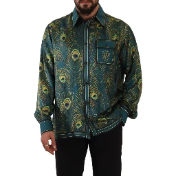 Peacock Feather Print Silk Pajama Mens Shirt