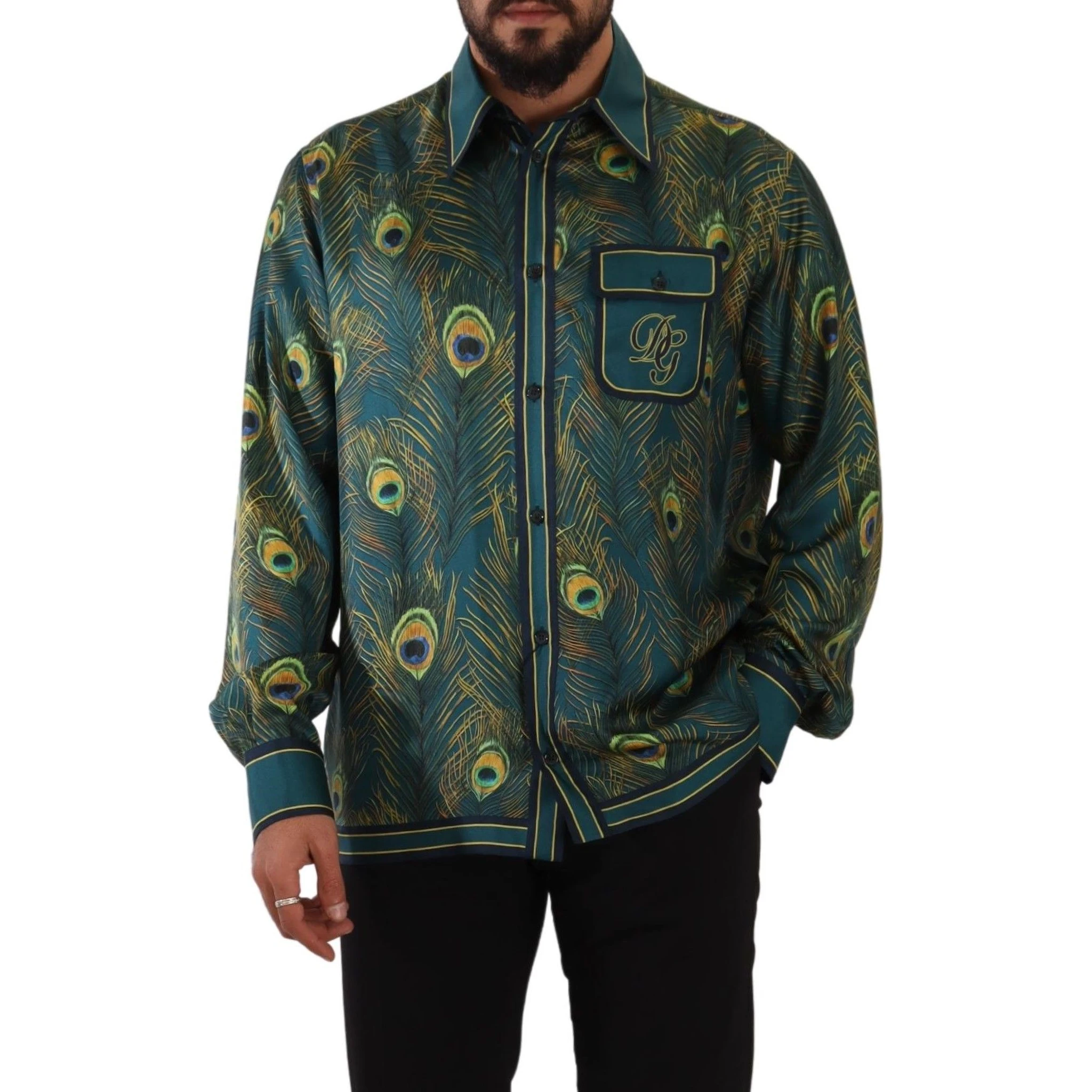 Peacock Feather Print Silk Pajama Mens Shirt