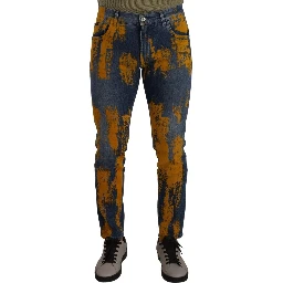 Blue Yellow Dye Cotton Skinny Men Denim Jeans
