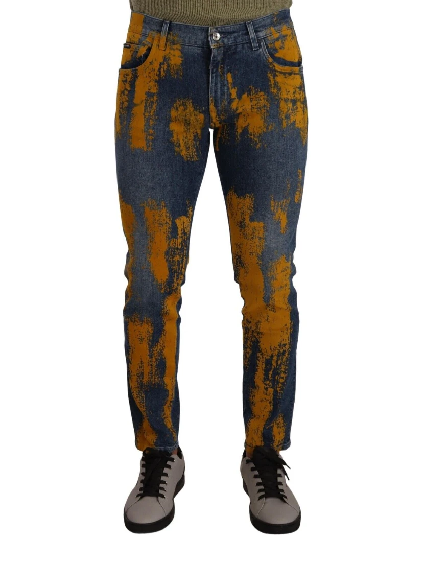 Blue Yellow Dye Cotton Skinny Men Denim Jeans