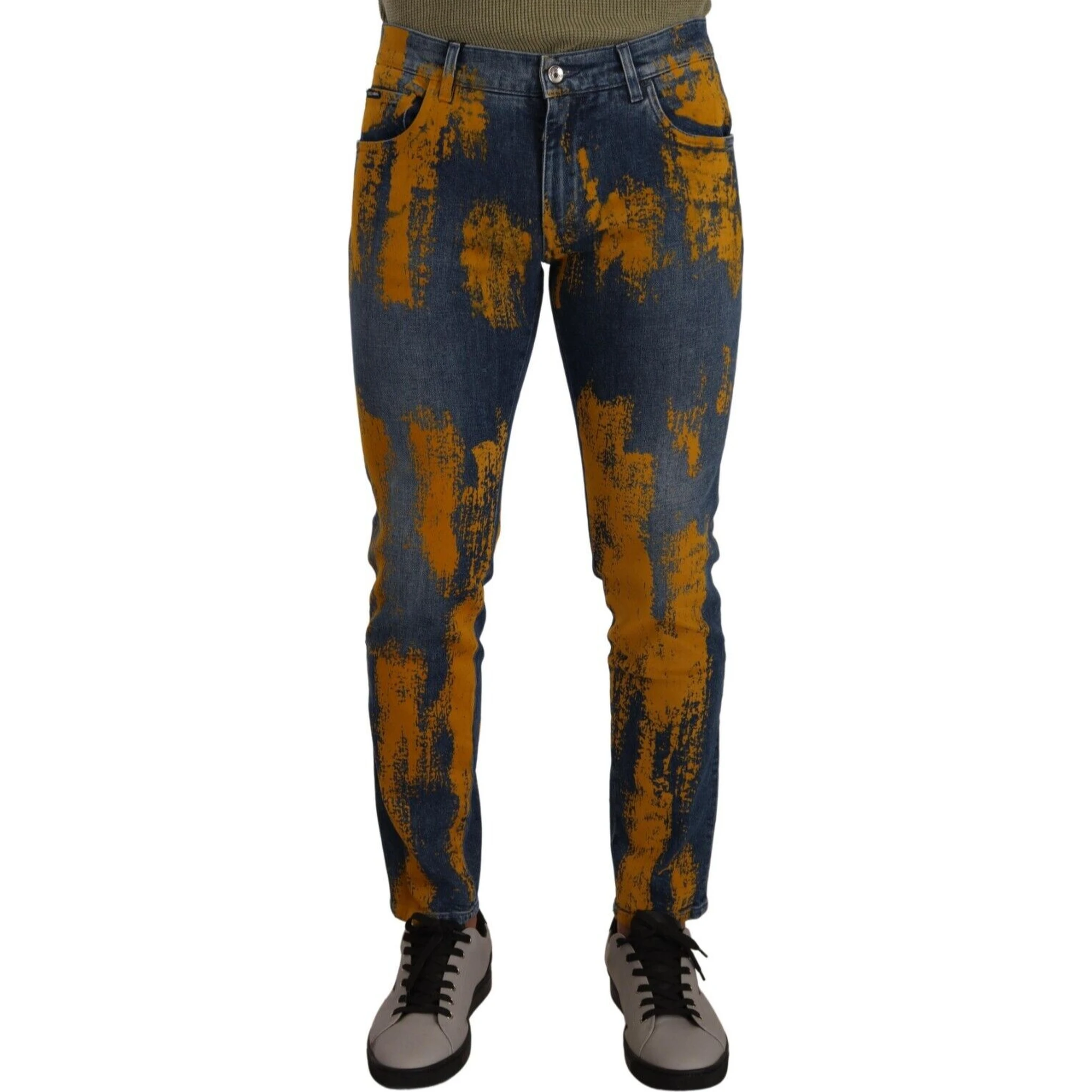 Blue Yellow Dye Cotton Skinny Men Denim Jeans