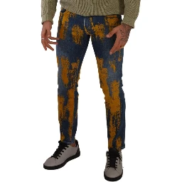 Blue Yellow Dye Cotton Skinny Men Denim Jeans