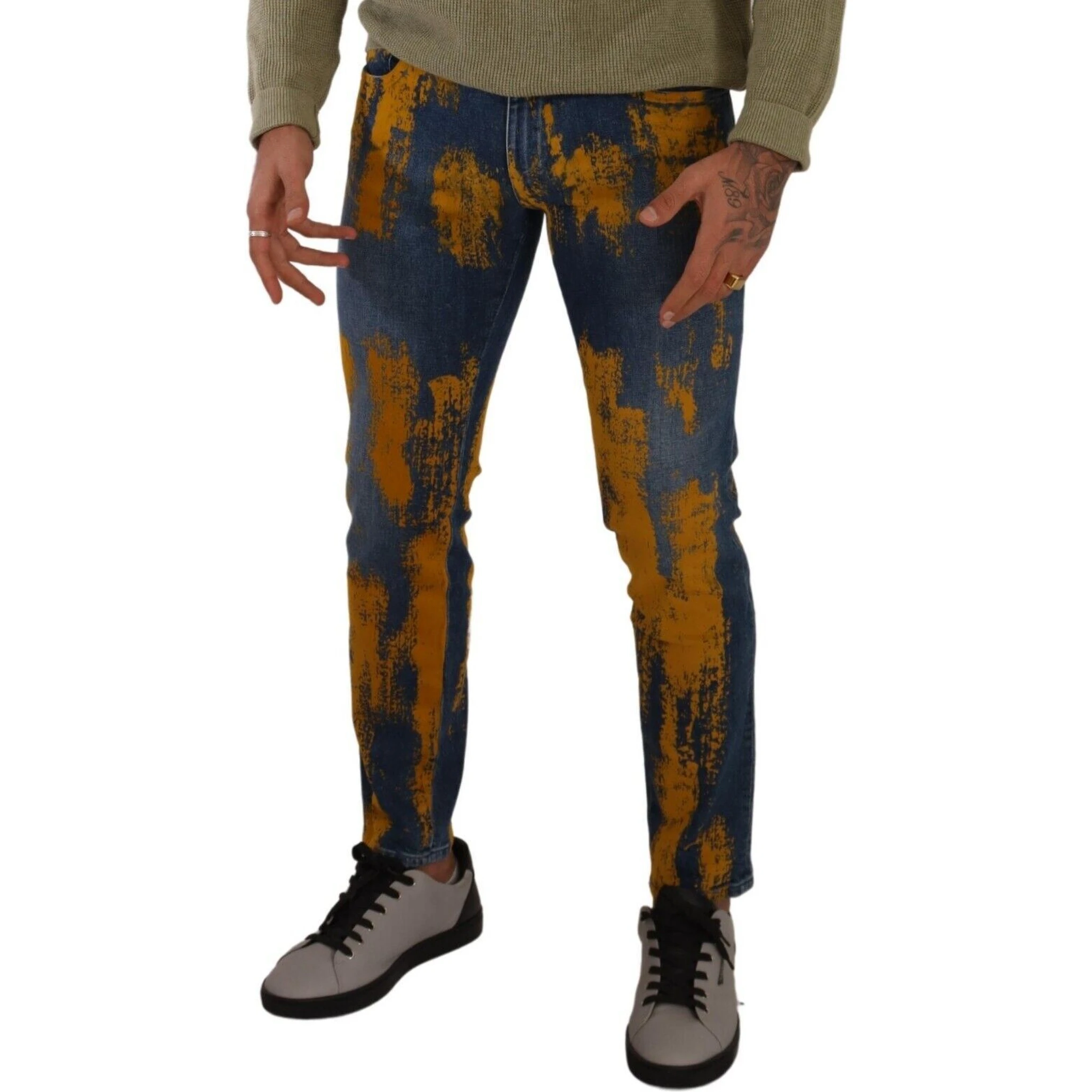 Blue Yellow Dye Cotton Skinny Men Denim Jeans