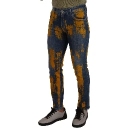 Blue Yellow Dye Cotton Skinny Men Denim Jeans