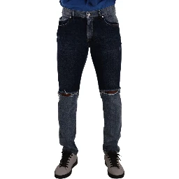 Blue Two Tone Tattered Cotton Slim Denim Jeans