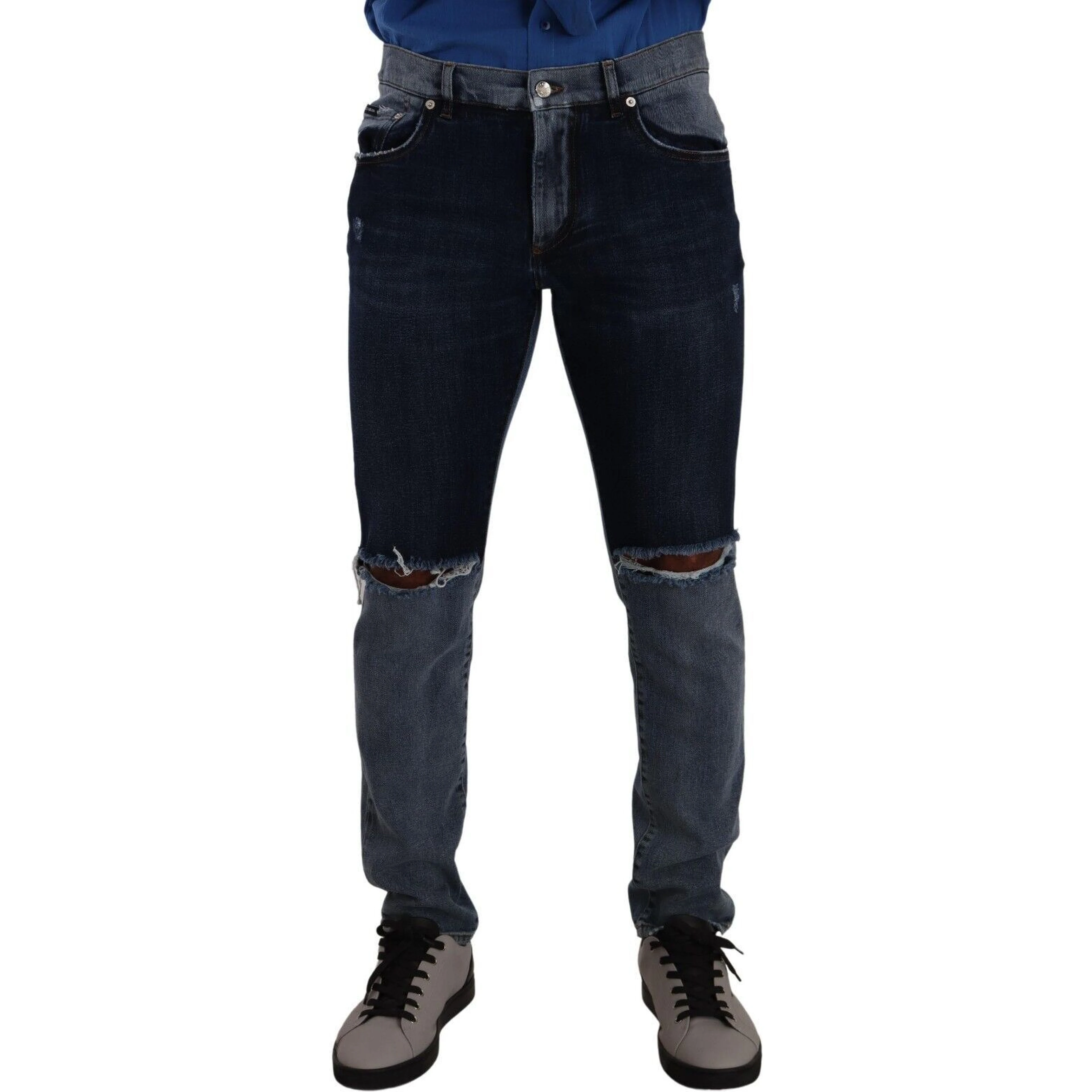 Blue Two Tone Tattered Cotton Slim Denim Jeans