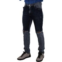 Blue Two Tone Tattered Cotton Slim Denim Jeans