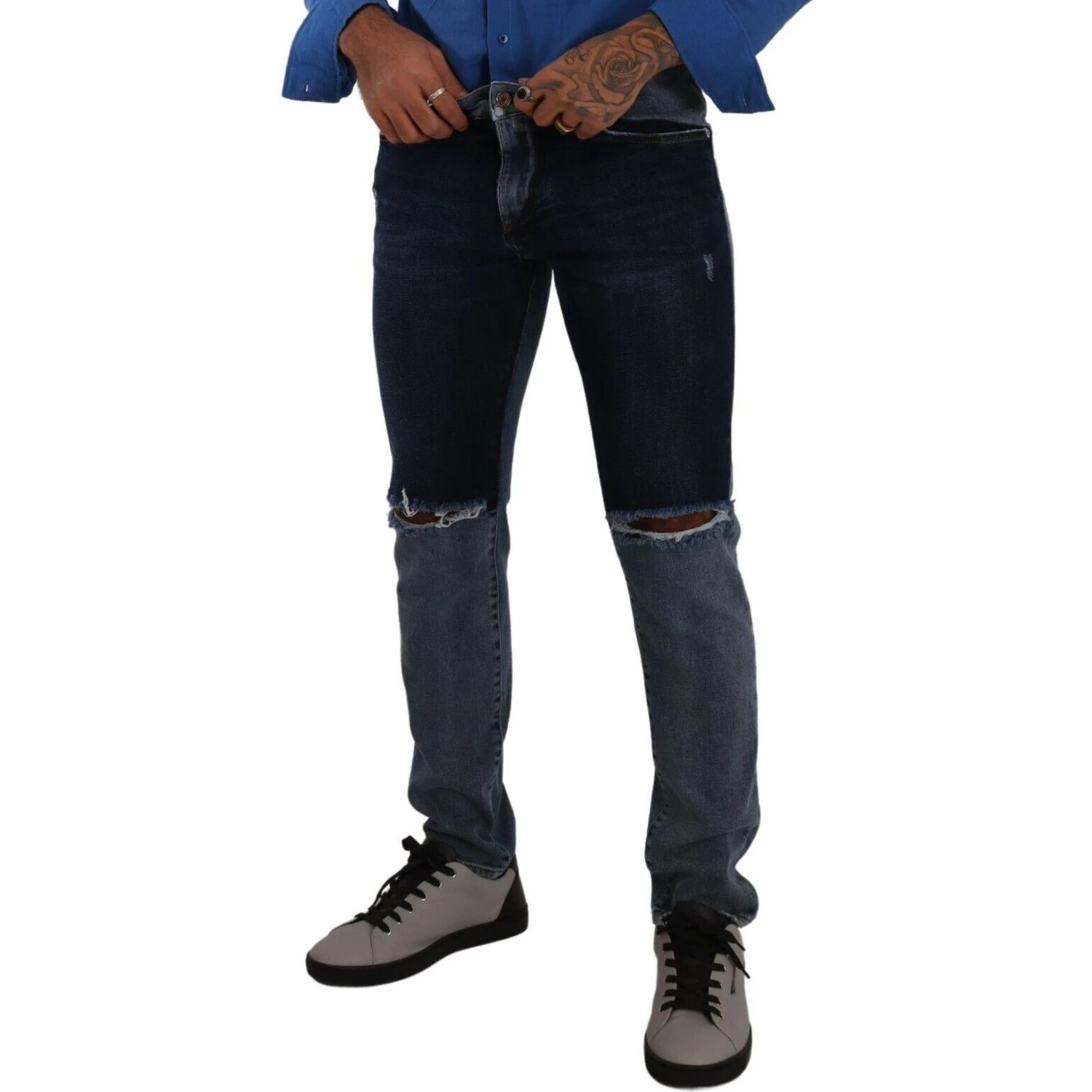 Blue Two Tone Tattered Cotton Slim Denim Jeans