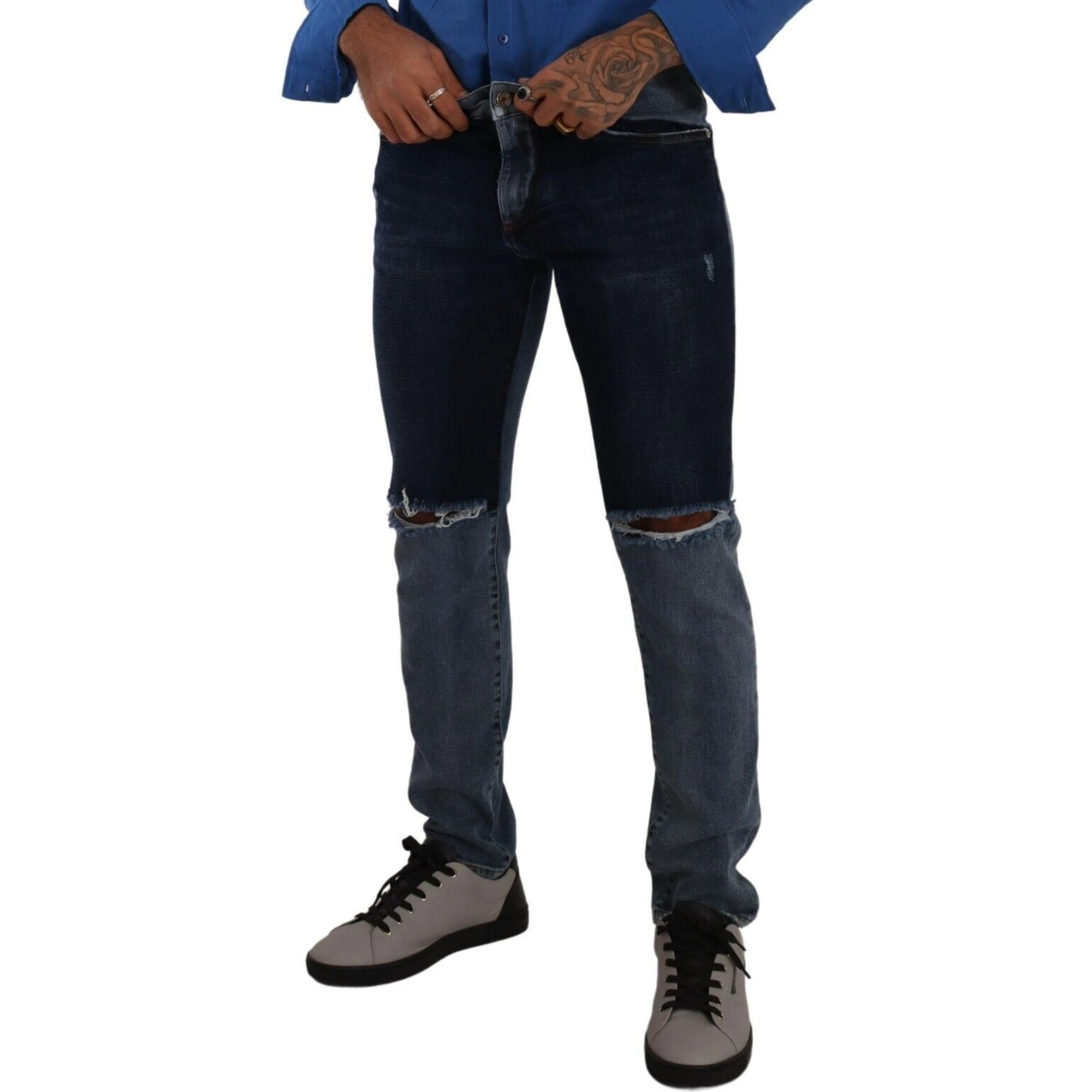 Blue Two Tone Tattered Cotton Slim Denim Jeans