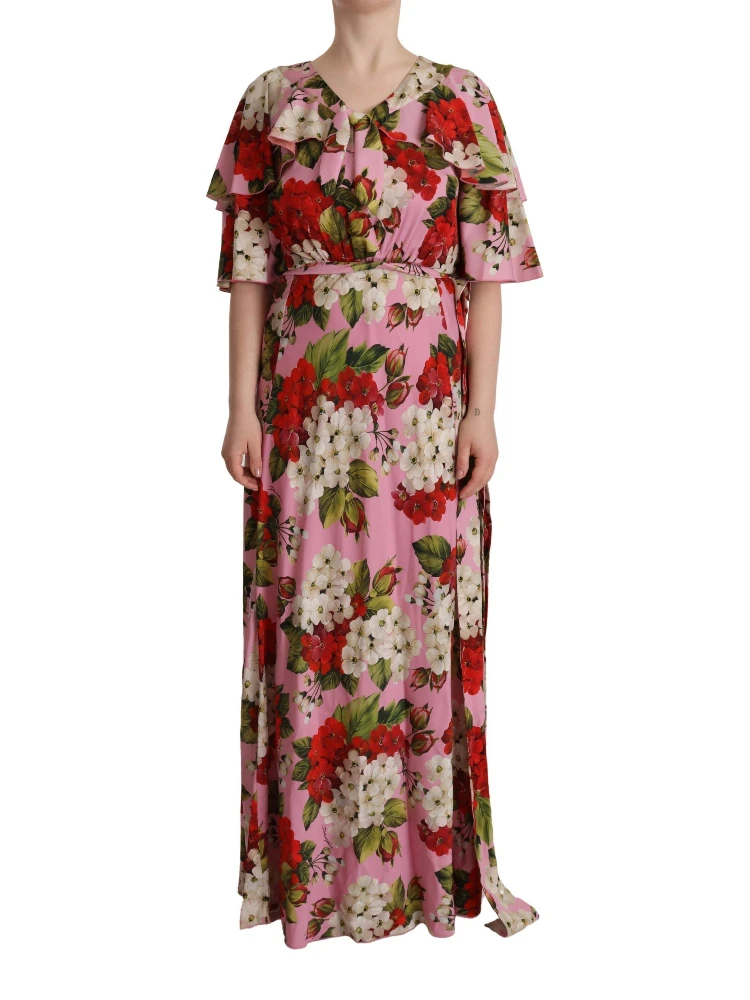 Pink Floral Silk Stretch Gown Maxi Dress