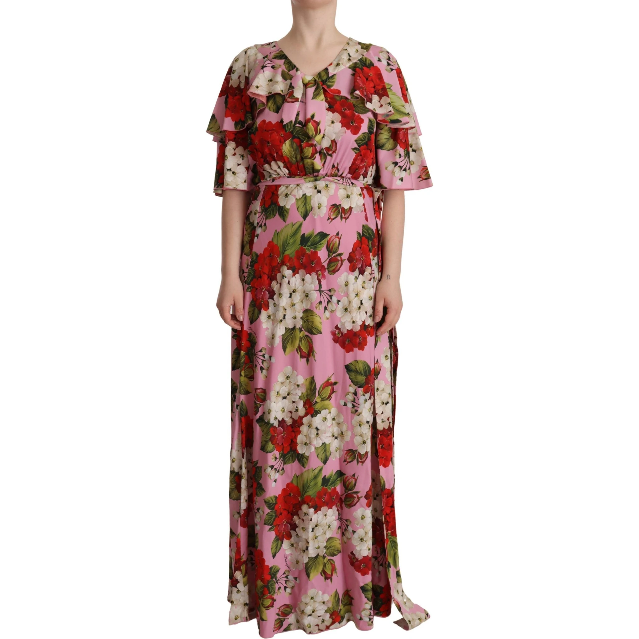 Pink Floral Silk Stretch Gown Maxi Dress