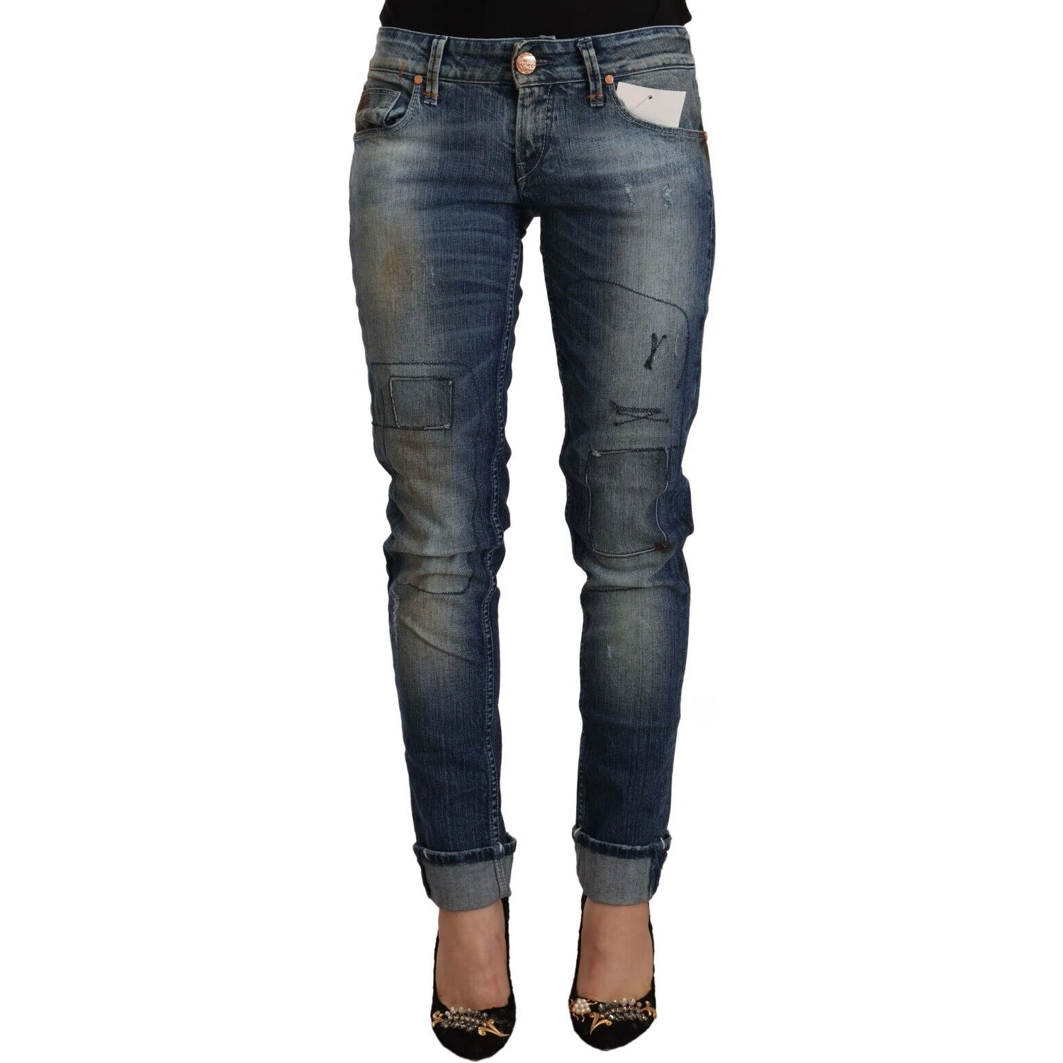 Blue Washed Low Waist Folded Hem Slim Fit Jeans