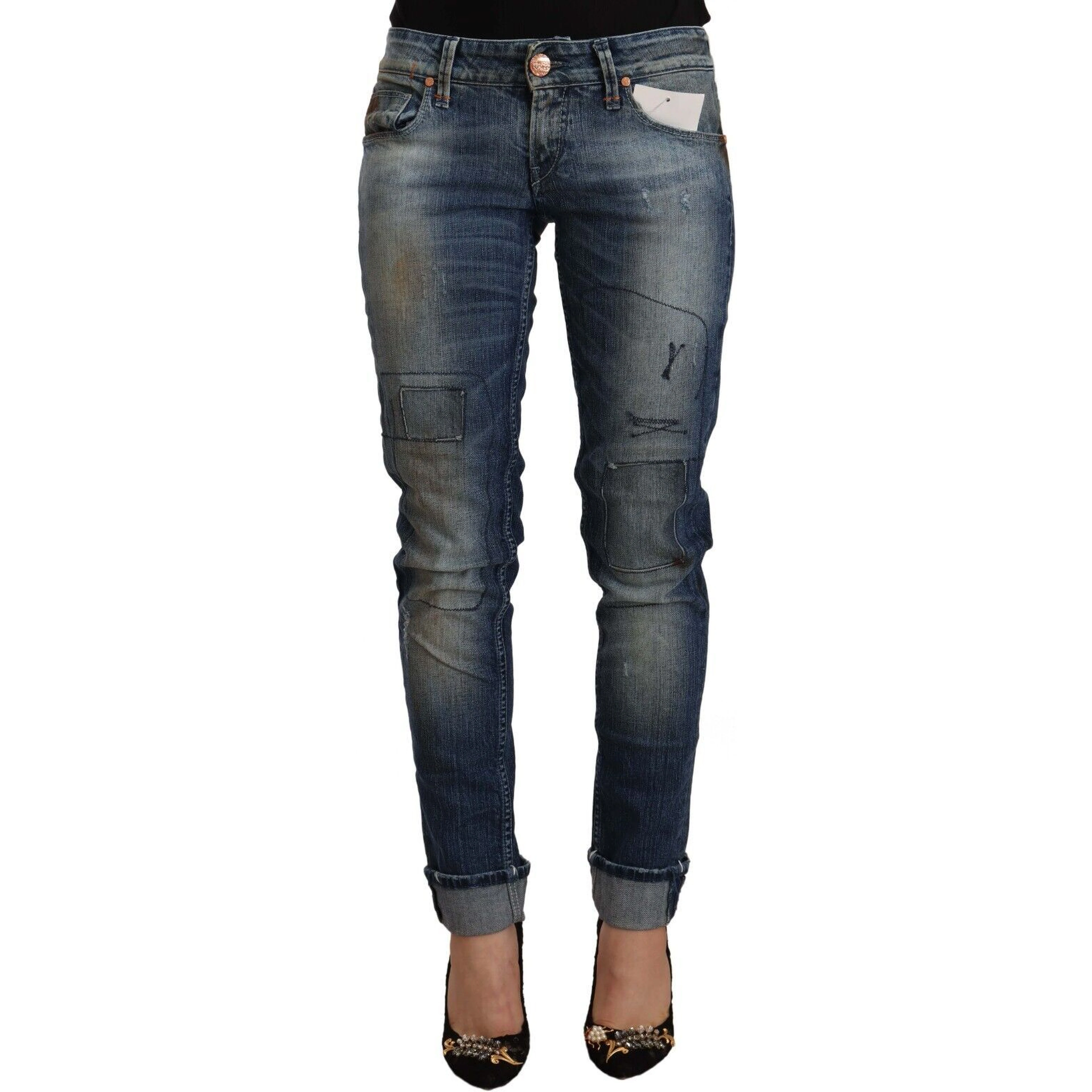Blue Washed Low Waist Folded Hem Slim Fit Jeans