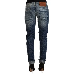 Blue Washed Low Waist Folded Hem Slim Fit Jeans