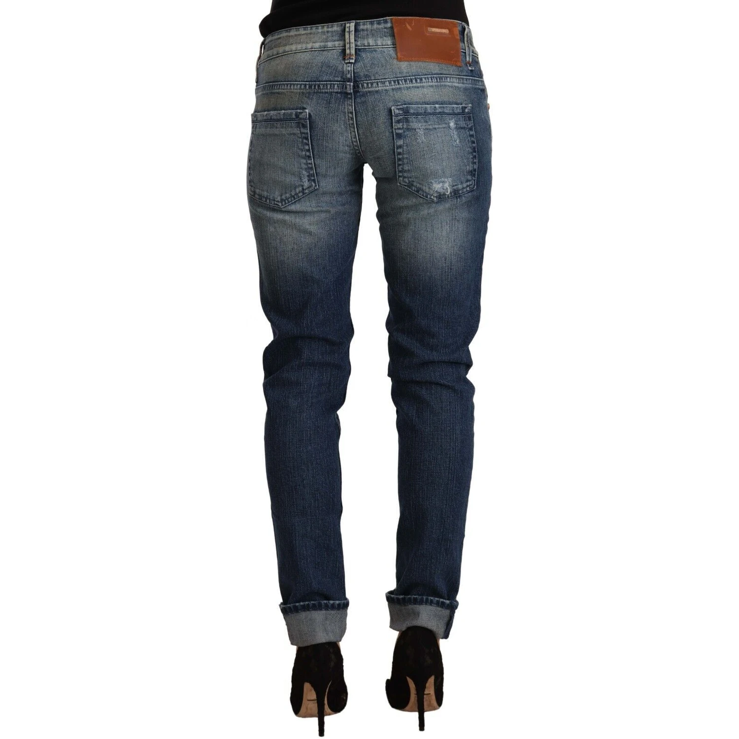 Blue Washed Low Waist Folded Hem Slim Fit Jeans