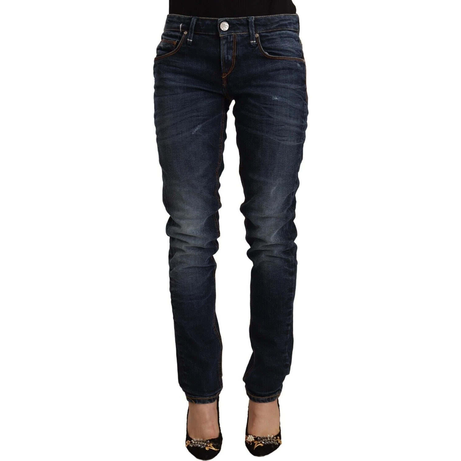 Blue Washed Cotton Mid Waist Skinny Denim Jeans