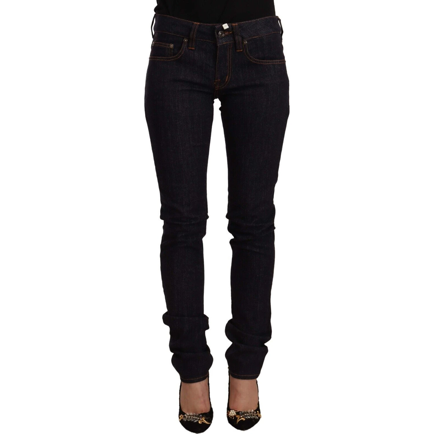 Black Mid Waist Cotton Denim Skinny Jeans