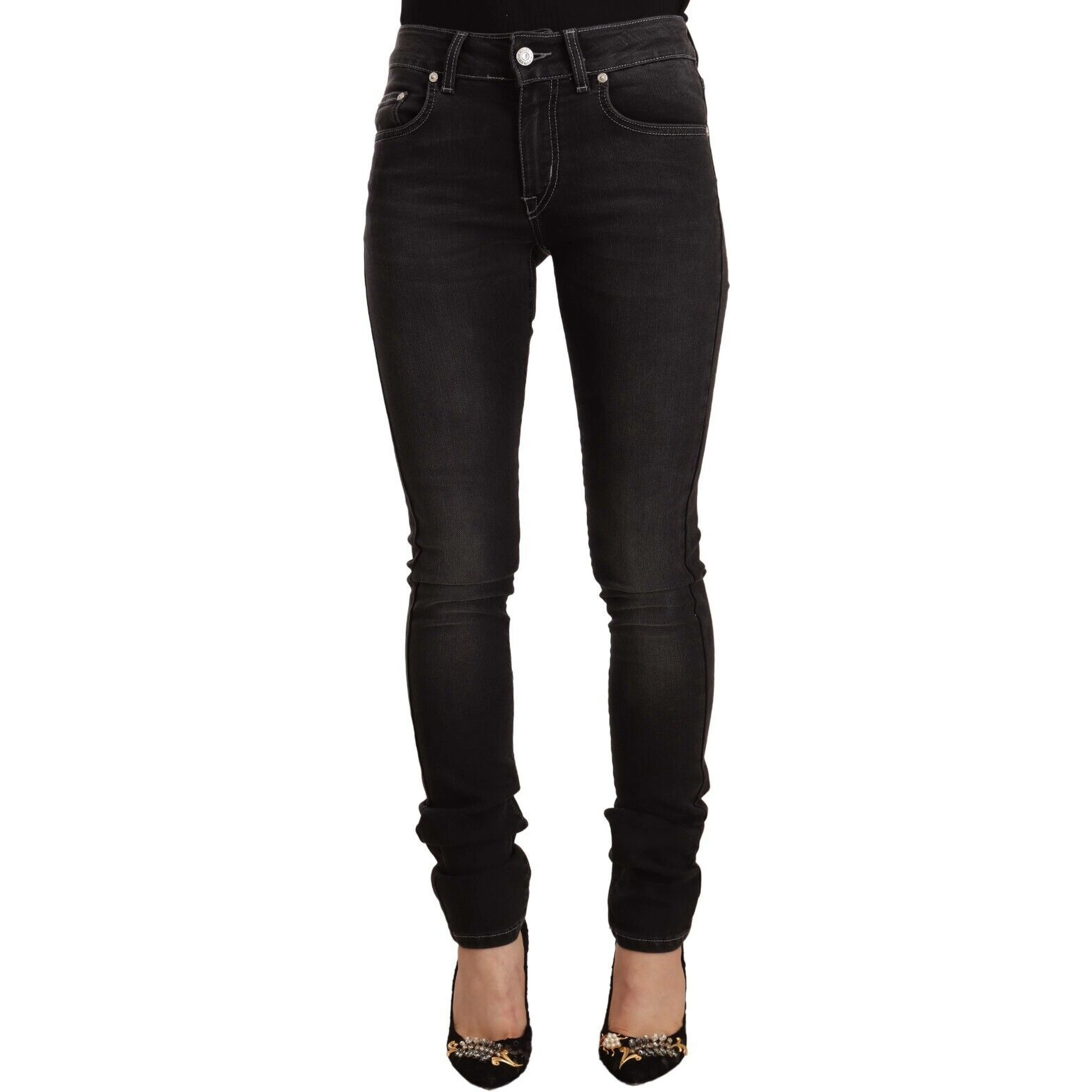 Black Washed Mid Waist Cotton Denim Skinny Jeans