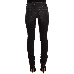 Black Washed Mid Waist Cotton Denim Skinny Jeans