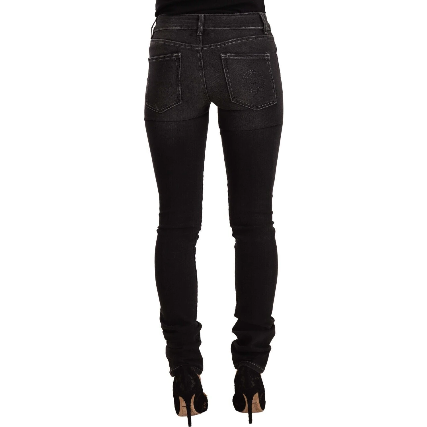 Black Washed Mid Waist Cotton Denim Skinny Jeans