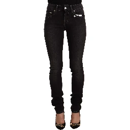 Black Washed Mid Waist Cotton Skinny Slim Fit Jeans