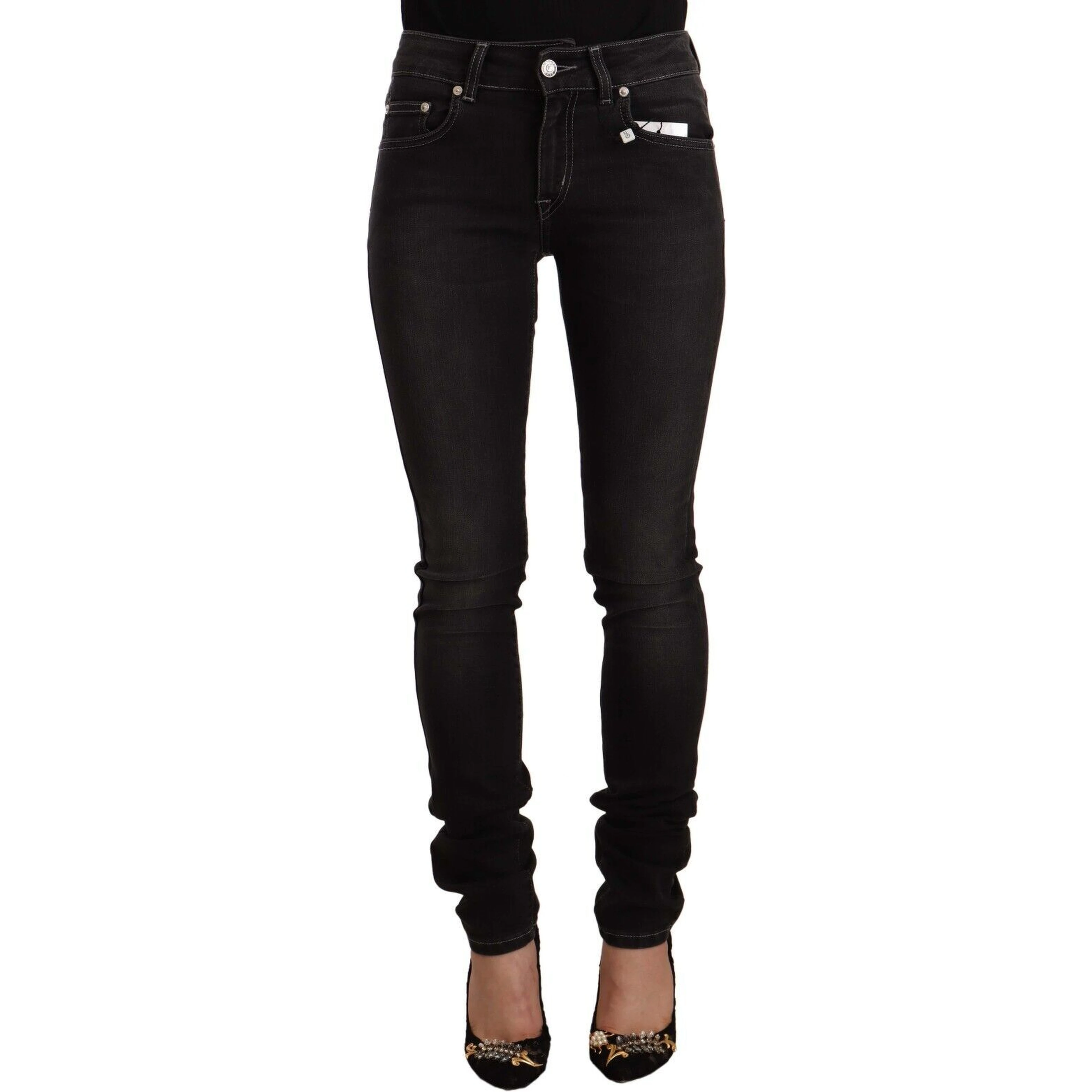 Black Washed Mid Waist Cotton Skinny Slim Fit Jeans