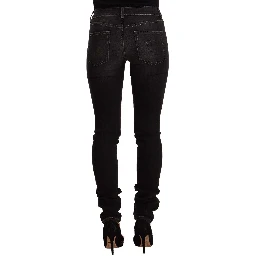 Black Washed Mid Waist Cotton Skinny Slim Fit Jeans