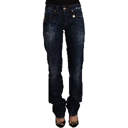 Dark Blue Washed Mid Waist Cotton Denim Straight Jeans