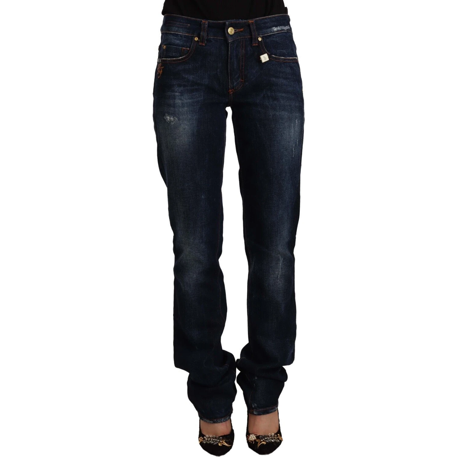 Dark Blue Washed Mid Waist Cotton Denim Straight Jeans