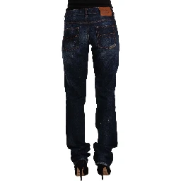 Dark Blue Washed Mid Waist Cotton Denim Straight Jeans
