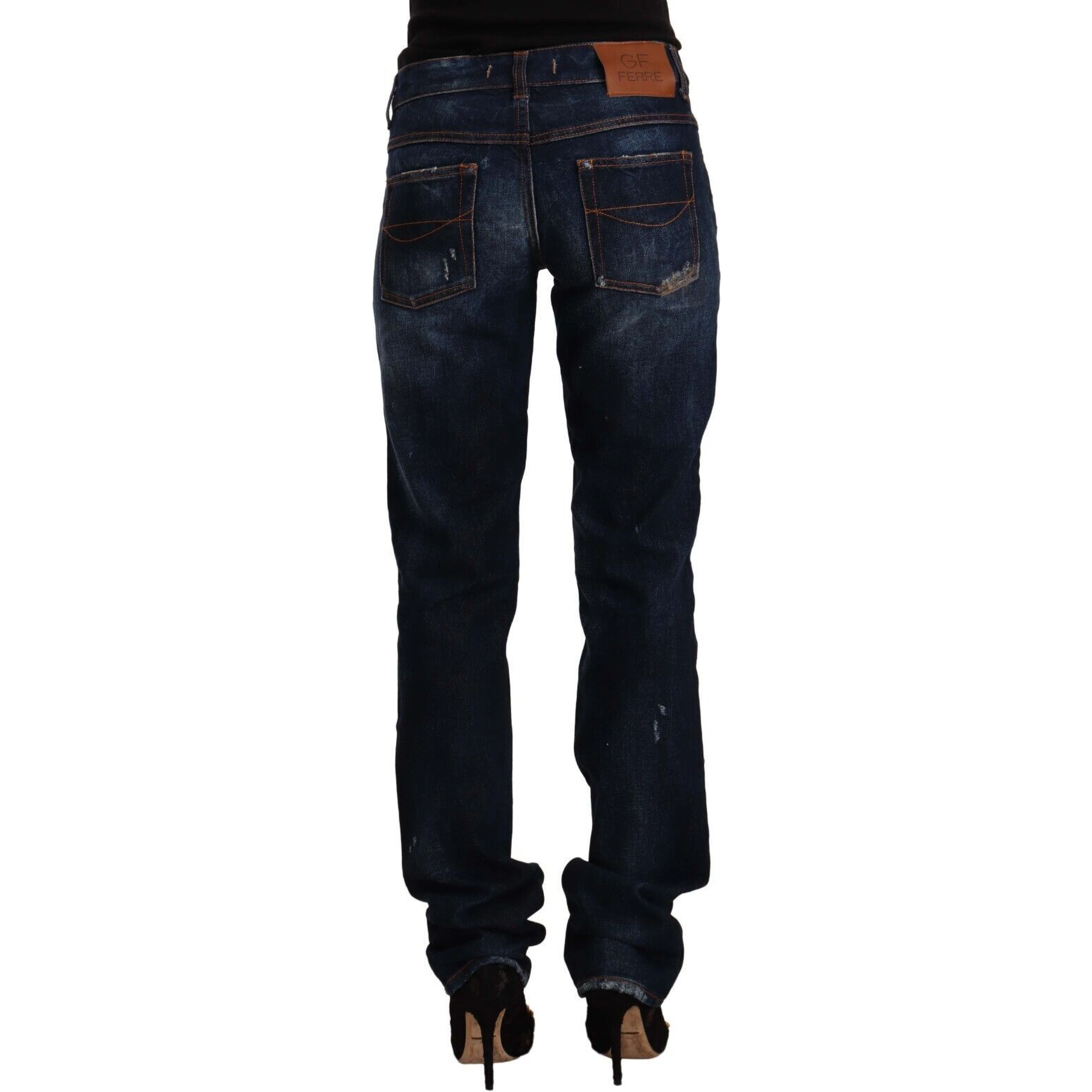 Dark Blue Washed Mid Waist Cotton Denim Straight Jeans
