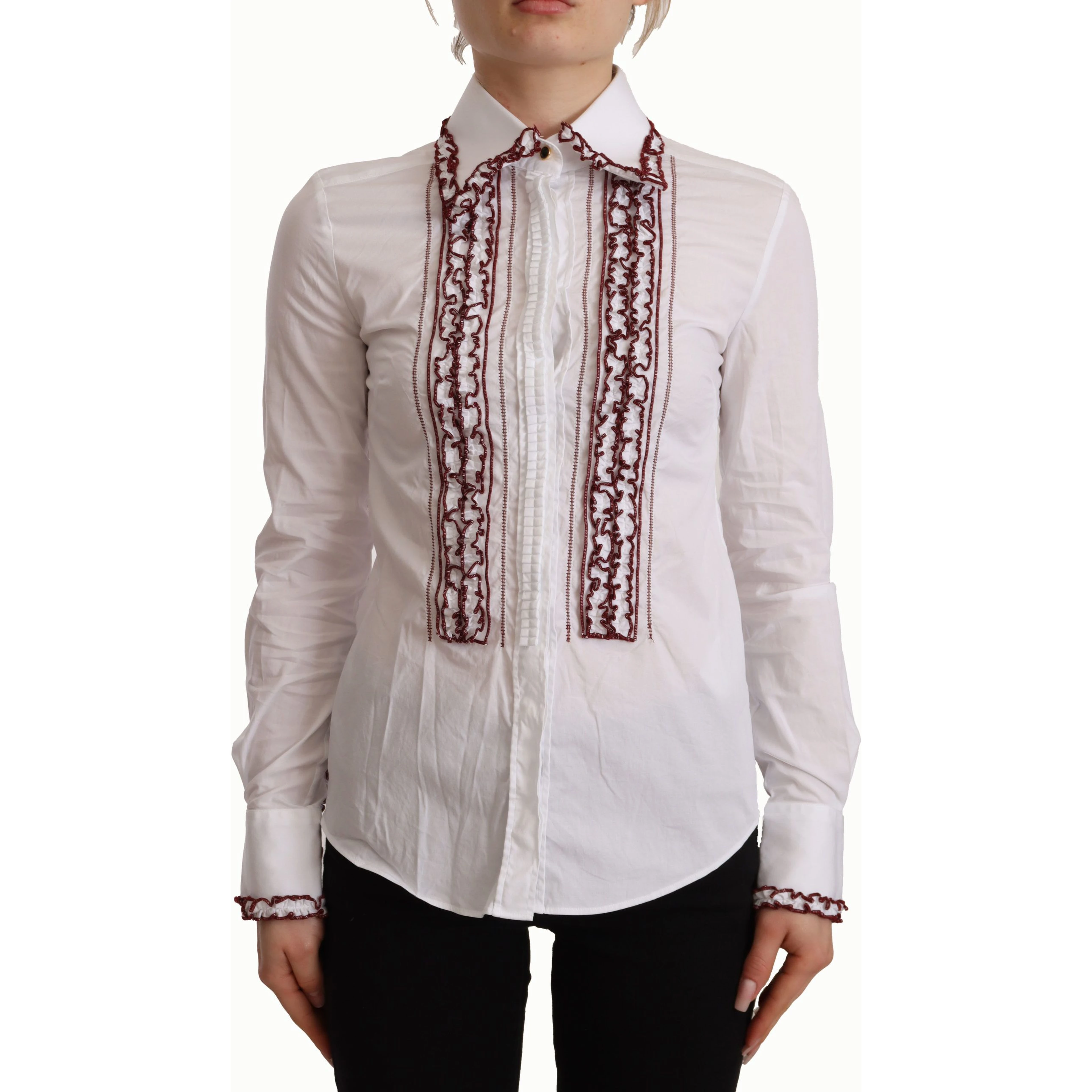 White Cotton Lace Long Sleeves Ruffle Collar Top Shirt
