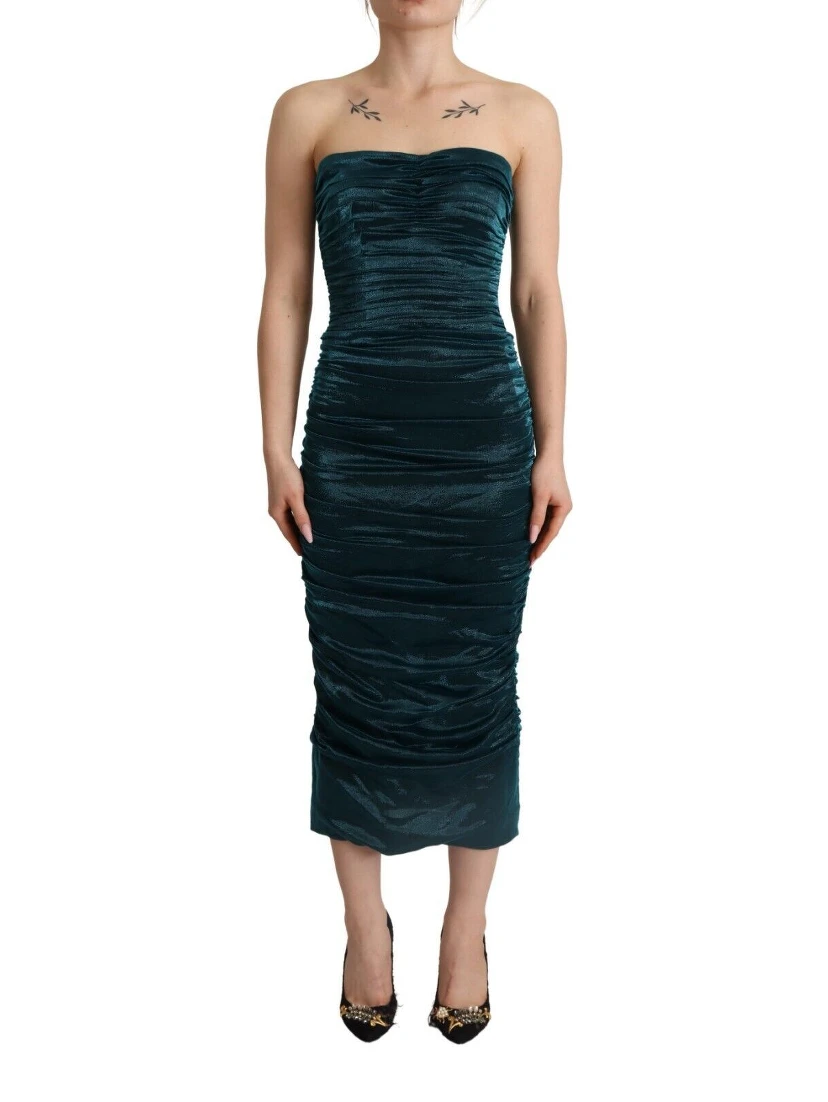 Turquoise Bustier Bodice Draped Midi Dress