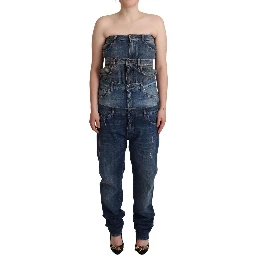 Dark Blue Cotton Strapless Denim Jumpsuit Dress
