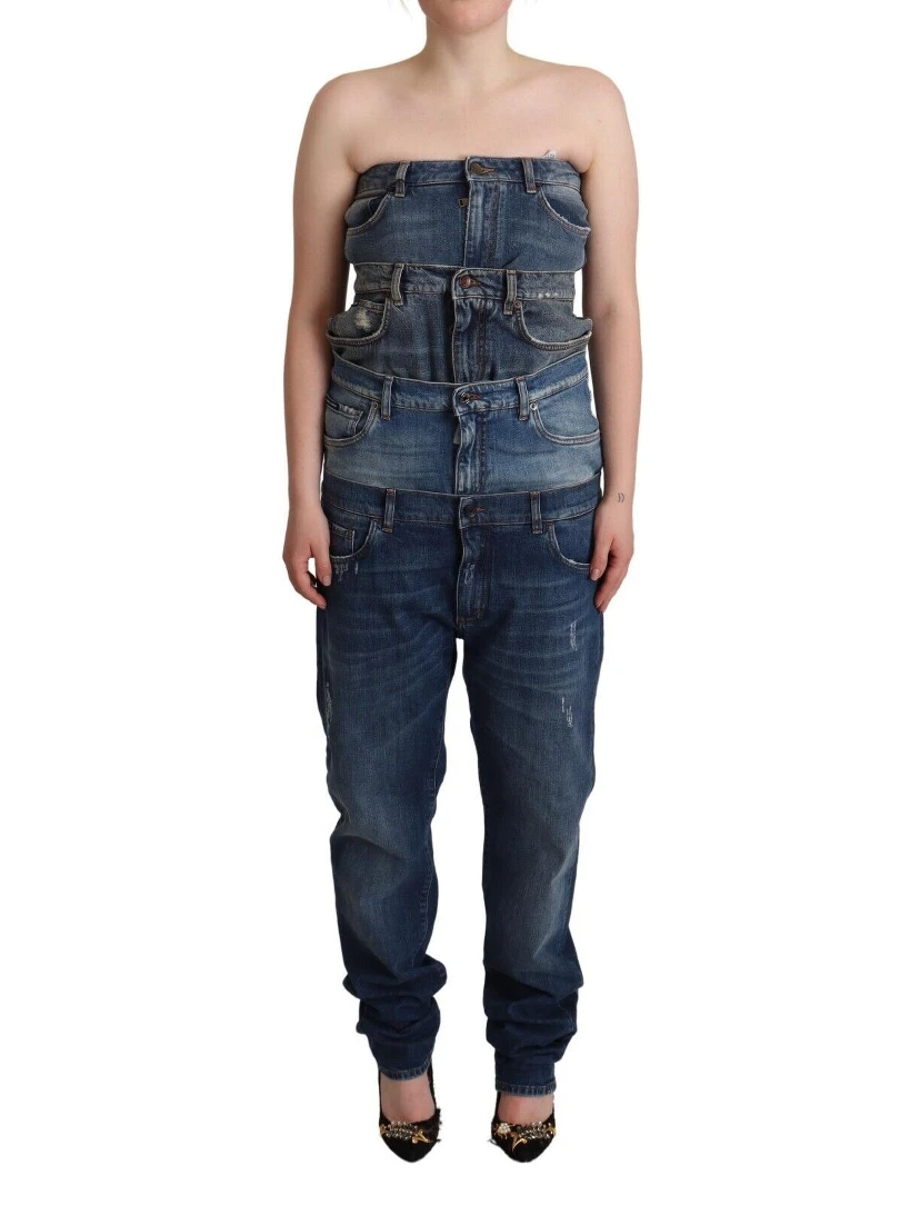 Dark Blue Cotton Strapless Denim Jumpsuit Dress