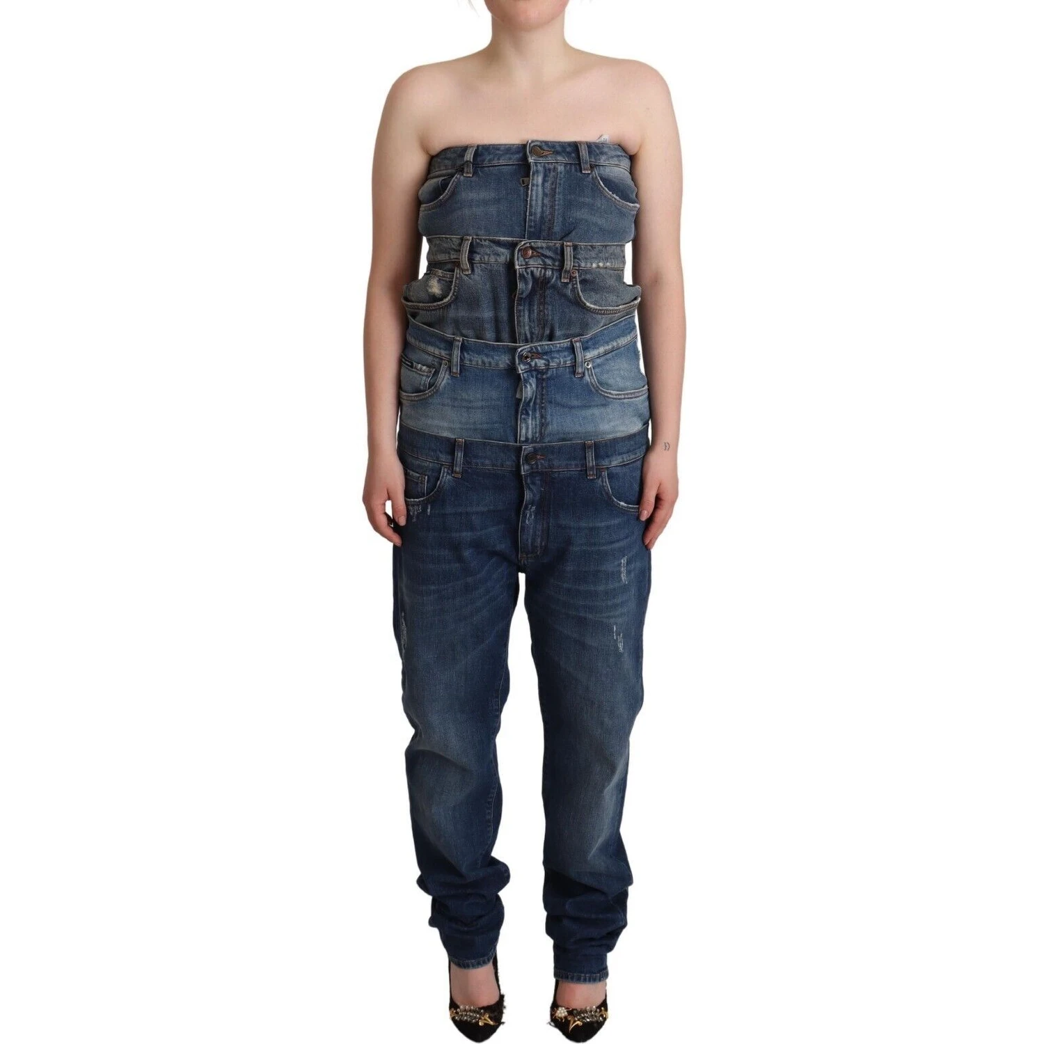 Dark Blue Cotton Strapless Denim Jumpsuit Dress