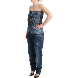 Dark Blue Cotton Strapless Denim Jumpsuit Dress